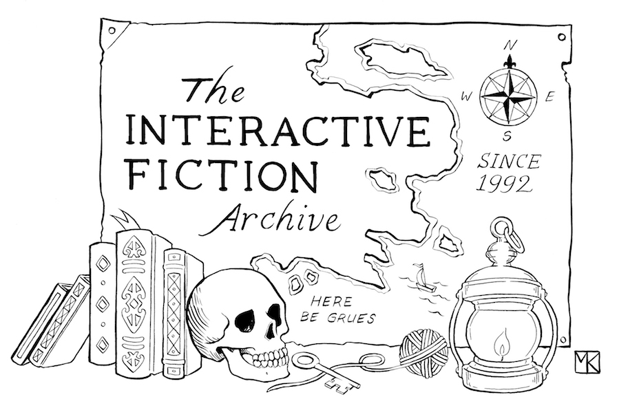 A map labeled 'The Interactive Fiction Archive - Since 1992', surrounded by books, a lantern, a ball of twine, and other bric-a-brac